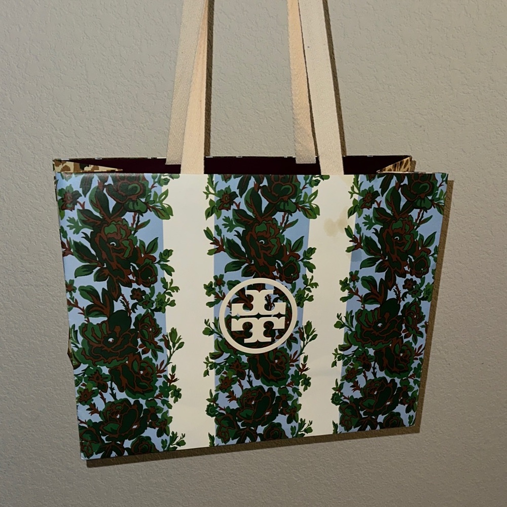 Tory Burch Striped Floral shopping bag- Green and White